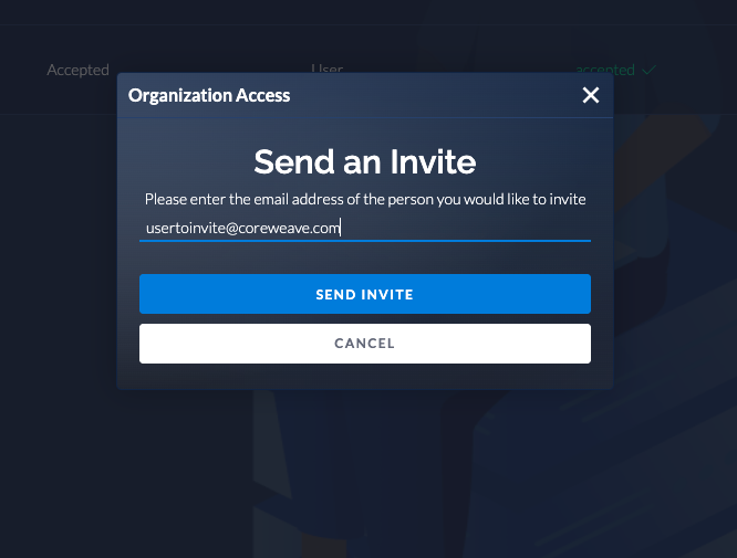 Screenshot of the user invite modal