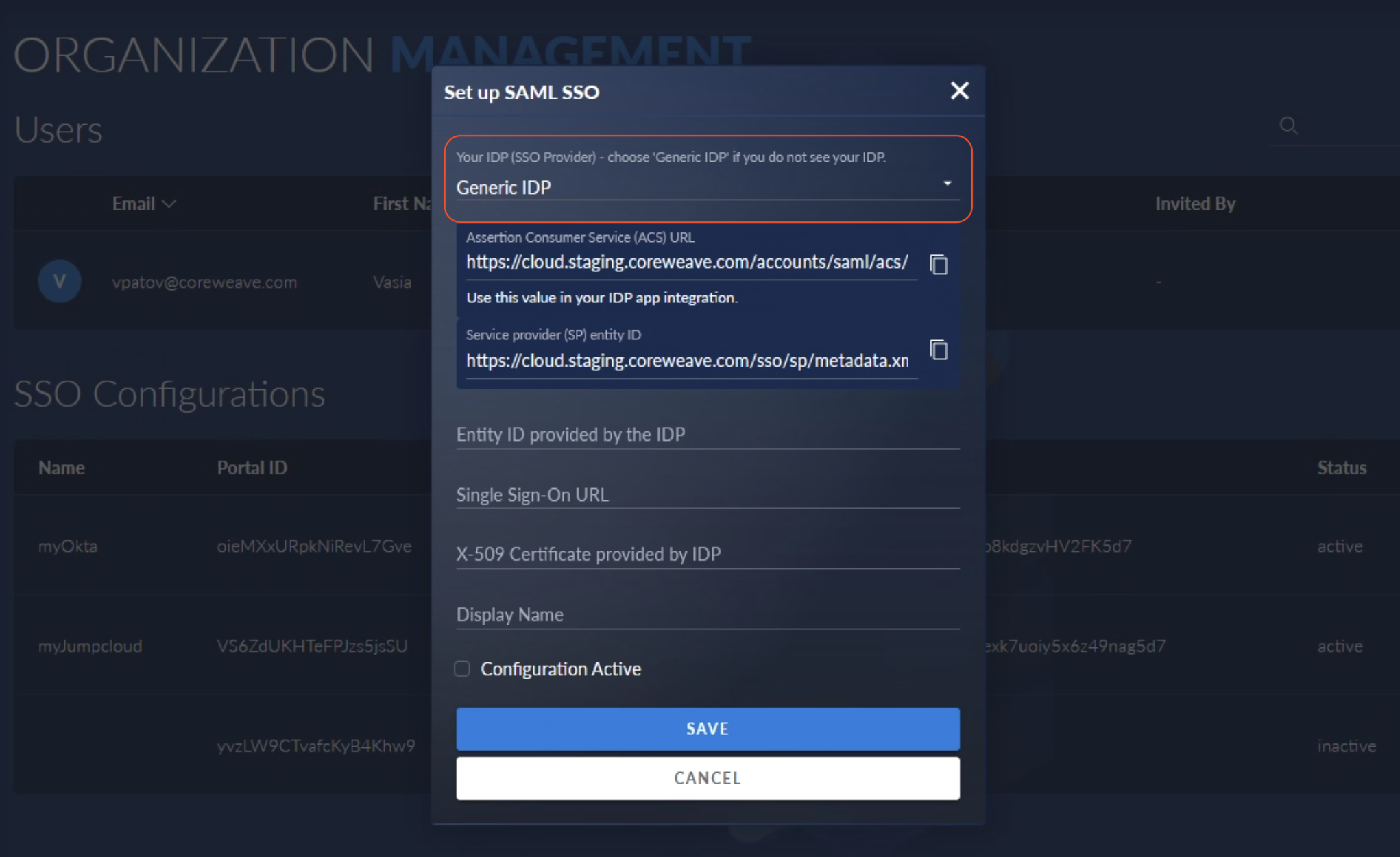 Screenshot of the IDP selector menu
