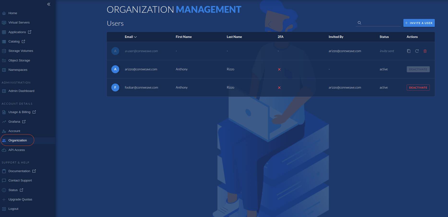 Screenshot of the organization management page